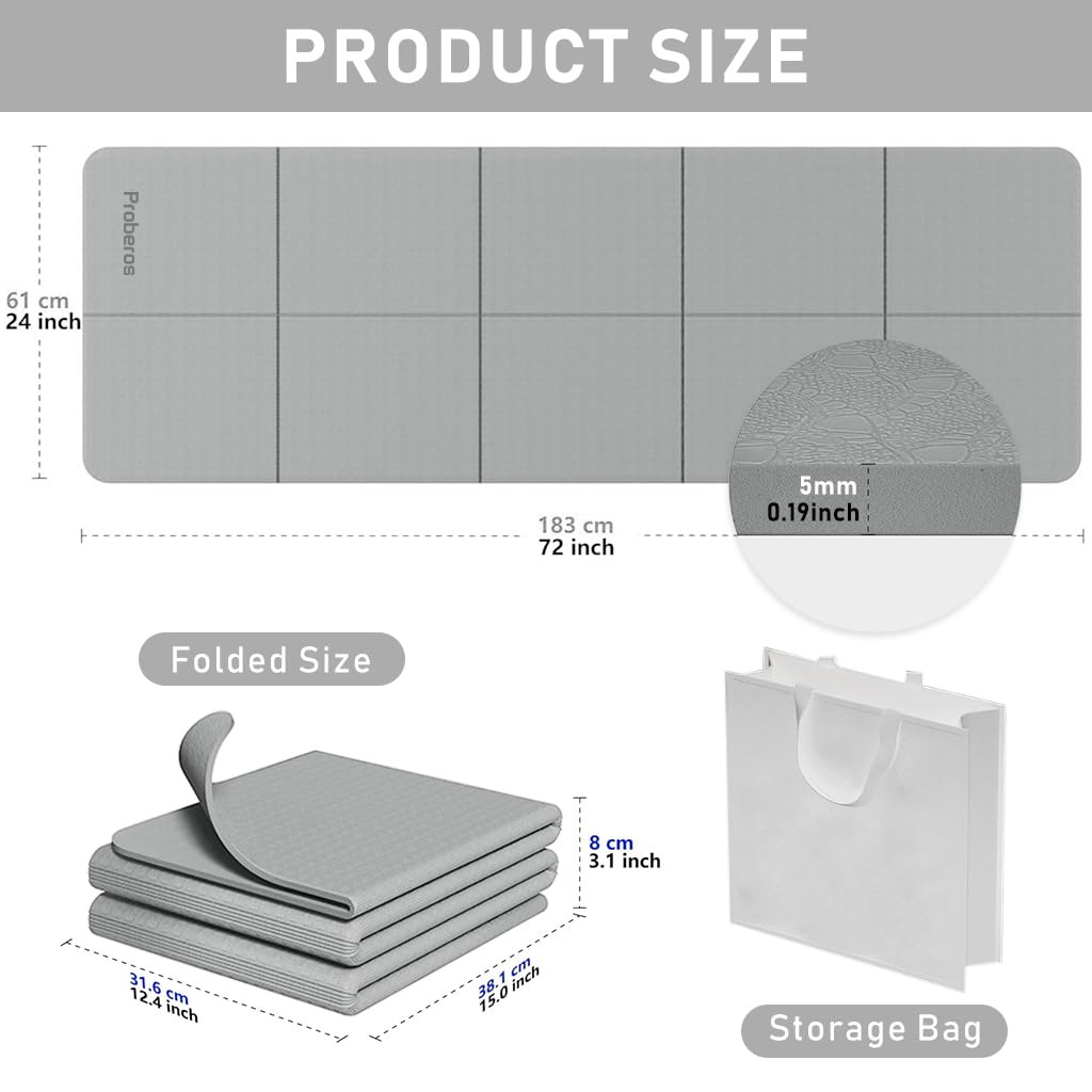 Proberos Portable Folding Yoga Mat with Carry Bag TPE Yoga Mat Anti-slip 5mm Thicken Fitness Yoga Mat for Men Women Pilates Mat for Home Workout, Gym, Travel, 72x24 inches, Grey Proberos Portable Folding Yoga Mat with Carry Bag TPE Yoga Mat Anti-slip 5mm Thicken Fitness Yoga Mat for Men Women Pilates Mat for Home Workout, Gym, Travel, 72x24 inches, Grey